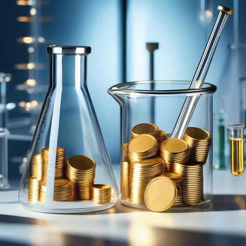 AI generated image of lab beakers filled with gold coins