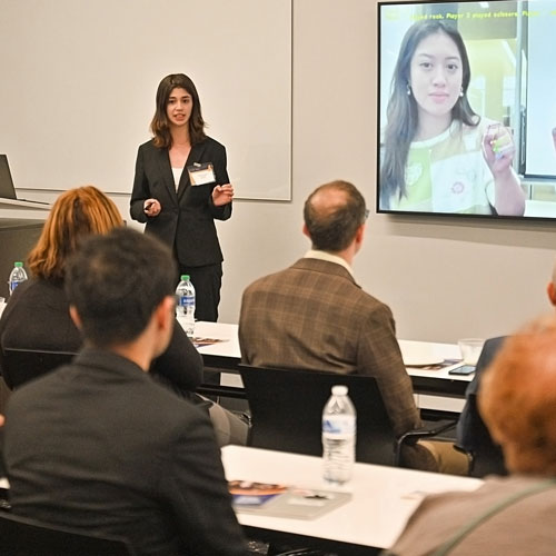 Emory student Rachel presenting to an audience at The Hatchery