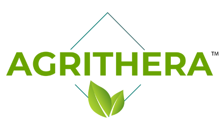 logo graphic of green text reading 'Agrithera' with two leaves under the text and a green square outline behind